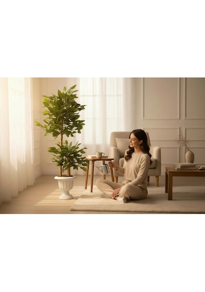 Yapay Çiçek Nergiz Saksıda Benjamin Salon Ağacı Yeşil Bitkisi Bambu Gövdeli Dolgun 145-105 Cm Yeşil