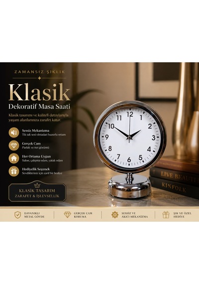 Noble Time 25 X 20 Cm Metal Krom Masa Saati Klasik Seri