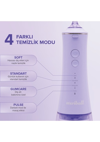 Steriball Oral Irrigator Ağız Duşu Lila - 4 Temizlik Modu 360 Dönebilen Başlık 0,60 Mm İnce Su Akışı Yüksek Frekanslı Su Darbesi