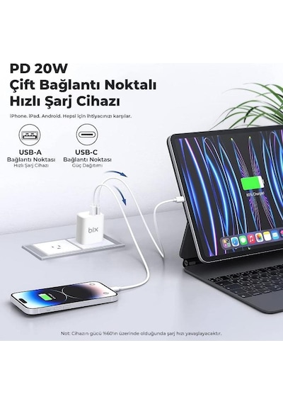 Bix Çift Portlu Typ-c 20wpd + Usb-a 18w Qc Girişli Hızlı Şarj Adaptörü 1 Adet
