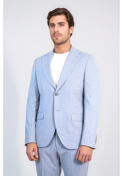 Buz Mavisi Slim Fit İki Düğmeli Keten Görünümlü Erkek Takım Elbise - Wessi Koyu Mavi