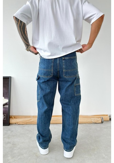 Eskitme Mavi Patch Tasarım Detaylı Ekstra Bol Baggy Pantolon