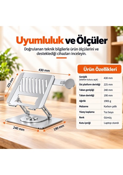 2'si 1 Arada Laptop Standı, Karbon Çelik 360 Döner Yükseklik Ayarlı, Gizlenebilir Magsafe Uyumlu Telefon Tutuculu Notebook Standı, Macbook Uyumlu, 17.3 İnçe Kadar Gümüş