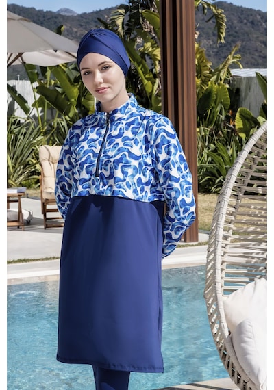 Mayom Tam Kapalı Crop Model Mavi Desenli Tesettür Mayo - 2525 Lacivert-mavi