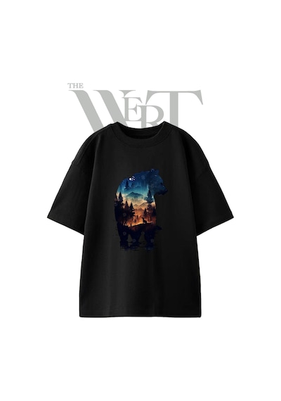 Thewert Bear Forest Wolf Tasarım Baskılı Ünisex Siyah Oversize T-shirt