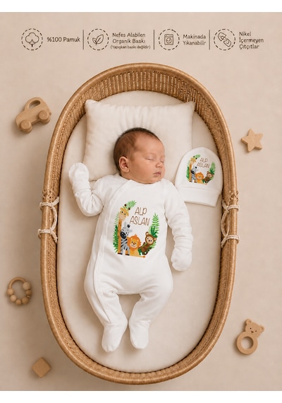 Pia Baby Erkek Bebek İsimli Hastane Çıkışı 6 Parça Tulum Şapka Eldiven %100 Pamuk Hediye Seti 2006tybk0x Krem