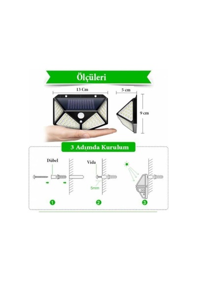 Güneş Enerjili Lamba Led Sokak Dış Ortam Solar Bahçe Aydınlatması Su Geçirmez Sensörlü 100 Led
