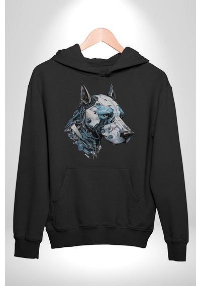 Robot Cyborg Köpek Doberman Kadın Erkek Siyah Kapüşonlu Sweatshirt Hoodie Siyah