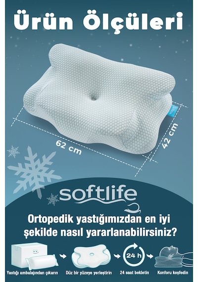 Nova Ice Serinletici Kılıflı Visco Soğuk Yastık Ortopedik Boyun Destekli Memory Foam Ergonomik Yastık 62x42x13/10cm Beyaz