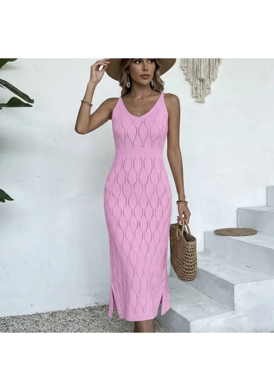 Lexroo %100 Pamuk Yaprak Desen Belden Lastikli Uzun Triko Plaj Elbisesi Pembe