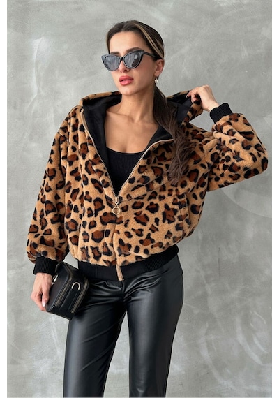 Verymoda Leopar Baskılı Peluş Mont F1650 Camel Leopar