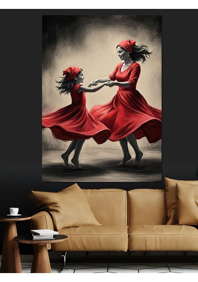 Ahşap Tablo Kırmızı Elbiseli Dans Eden Anne Ve Kızı