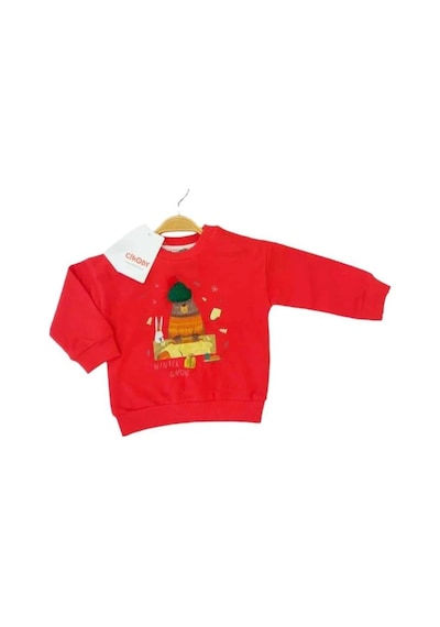 Çikoby Bebek Örgü Şapkalı Ayı Baskılı Sweatshirt-13519 Kırmızı