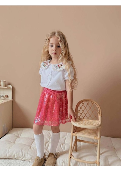 Miniko Kids Kız Çocuk Kısa Kol Gömlekli Pullu Etekli Bayramlık Takım Pembe