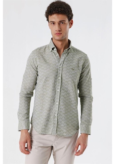 İmza Koyu Haki Kısalabilir Kollu Desenli Jakarlıcepsiz %100 Pamuk Casual Slim Fit Gömlek 1004230181-koyu Haki Koyu Haki