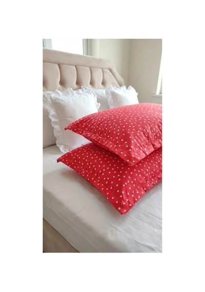 %100 Pamuklu Kalp Desenli Volanlı Yastık Kılıfı 2 Adet 50x70 Cm Bej - 864264444 Bej