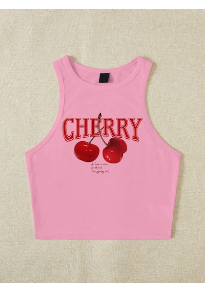 Afri Kadın Pembe "Cherry" Baskılı Kolsuz Crop Atlet - Yazlık Sokak Stili Pembe