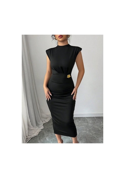 Butik İstanbul Kadın Yarı Balıkçı Yaka Kısa Kollu Çicek Aksesuar Detaylı Midi Dalgıç Elbise Siyah