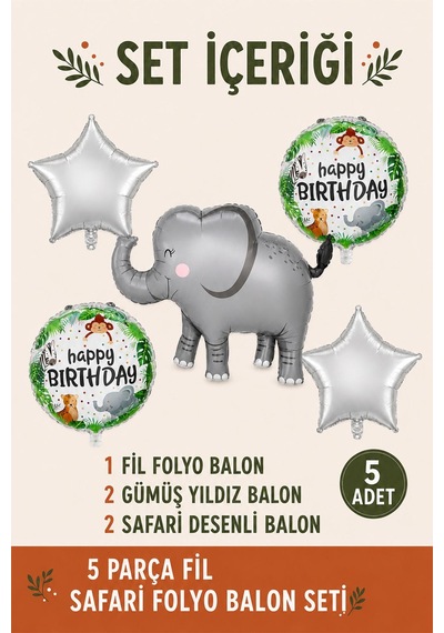 5 Li Fil Temalı Happy Birthday Folyo Balon Seti Safari Ve Orman Konseptli Parti Süsü Çok Renkli