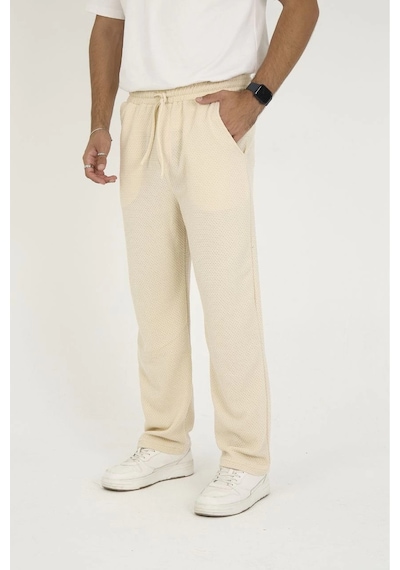 Erkek Jakar Kutu Desenli Baggy Eşofman Pantolon - Bej