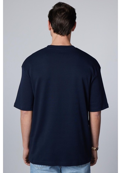 Tudors Unisex Oversize Geniş Kesim Pamuklu Yumuşak Dokulu Basic Bisiklet Yaka Lacivert Tişört-30844-lacivert Lacivert