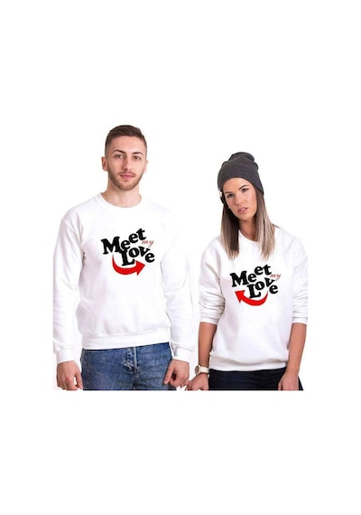 Tshirthane Meet My Love Sevgili Kombinleri Unisex Sweatshirt Kırık Beyaz