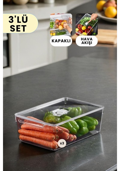 Buzdolabı Dolapiçi Düzenleyici Organizer Kapaklı 3'lü Set Midi Şeffaf