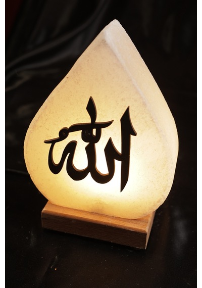 Baskılı Damla Tuz Lambası Allah Yazılı Ahşap Kaideli Dekoratif Ortam Lambası