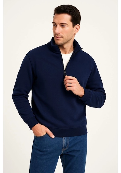 Barlashive Erkek Dik Yaka Sweatshirt Dik Yaka Yarım Fermuarlı 3 İplik Pamuk Kumaş - Lacivert Çok Renkli