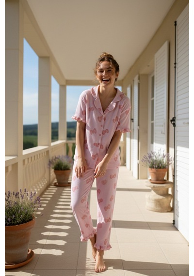 Siyah İnci Bürümcük-krınkıl Kısa Kollu Düğmeli Pijama Takım 26120527 Pembe Fiyonk