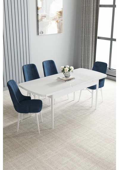 Zümra Serisi, Beyaz 80x132 Açılabilir Mdf Mutfak Masası Takımı 4 Adet Sandalye, Lacivert Zümra Serisi, Beyaz 80x132 Açılabilir Mdf Mutfak Masası Takımı 4 Adet Sandalye, Lacivert
