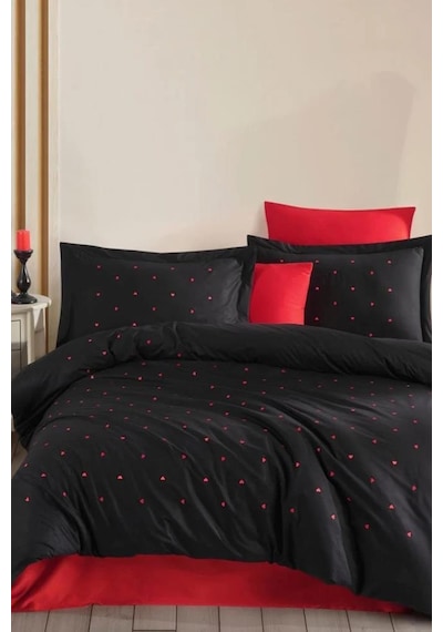 Lubow Poplin Nakışlı Çift Kişilik Nevresim Takımı Premium Siyah Siyah