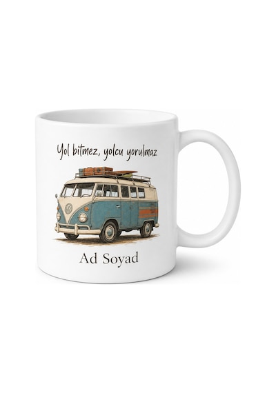 Minibüs Silüetli Baskılı Kupa Bardak Hediye Nostaljik Tasarım Mug Beyaz / Çok Renkli