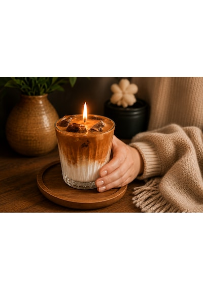 Soft Lighthome Kahve Görünümlü El Yapımı Soya Mum Cam Bardak Mum Beyaz - Kahverengi