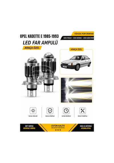 Opel Kadett E 1985-1993 H4 Led Far Ampulü Beyaz Işık Canbus Mini Lensli 2'li Set