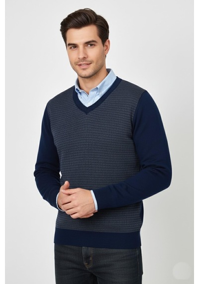 Triko Nehir Erkek V Yaka Triko Kazak Çelik Örgü Regular Kalıp Bgl-st04838 Indigo