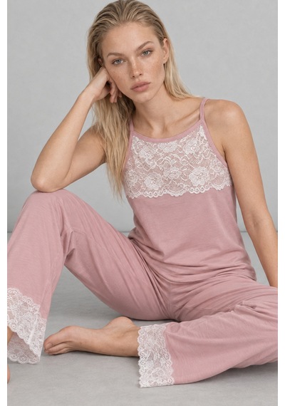 Kadın Dantelli Relaxed Pembe Pijama Takımı 4742