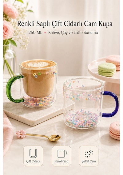 250 Ml Çift Cidarlı Cam Kupa Renkli Saplı İç Dekor Şeffaf Kahve Çay Latte Sunum Bardağı 1 Adet