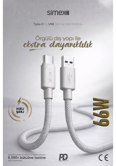 Simex 66w Usb To Type-c Süper Hızlı Şarj Kablosu - Samsung, Huawei, Honor, Vivo, Uyumlu Gri, 1 Metre