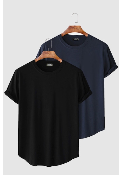 2'li Erkek Lacivert-siyah Kolları Katlı Oval Kesim Cepsiz Bisiklet Yaka T-shirt Lacivert-siyah