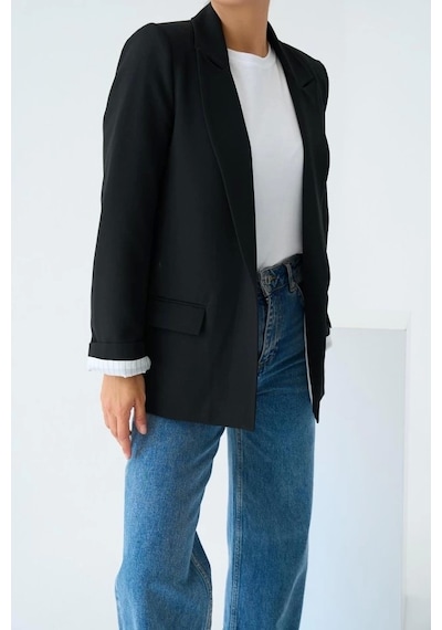 Defymoda Astarı Çizgili Ceket - Siyah Siyah