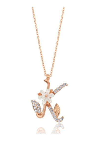 Mia vento Işıltılı Manolya Çiçeği K Harfi Gümüş Harfli Kolye Rose Gold