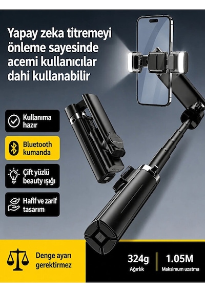 Bluetooth Kumandalı Gimbal Sabitleyici 102cm Selfie Çubuğu Ve Tripod Yatay Ve Dikey Eksenli Iş