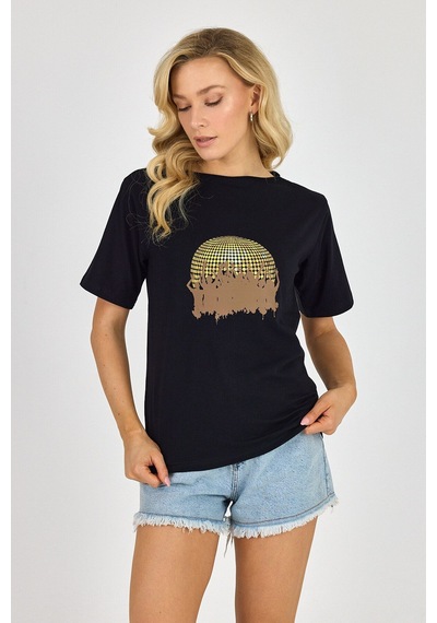 Yapay Zeka Tasarım Dijital Özel Baskılı %100 Pamuklu Penye Regular Fit T-shirt SIYAH