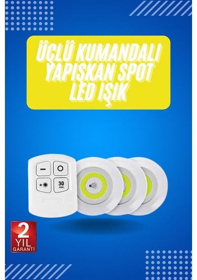 Yapışkanlı 3'lü Spot Led Işık Lamba Montajsız Pilli Uzaktan Kumandalı 42696242