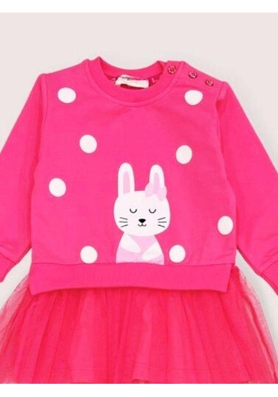 Breeze Kız Çocuk Tavşan Desenli Eteği Tüllü Sweat Elbise-15362 Pembe