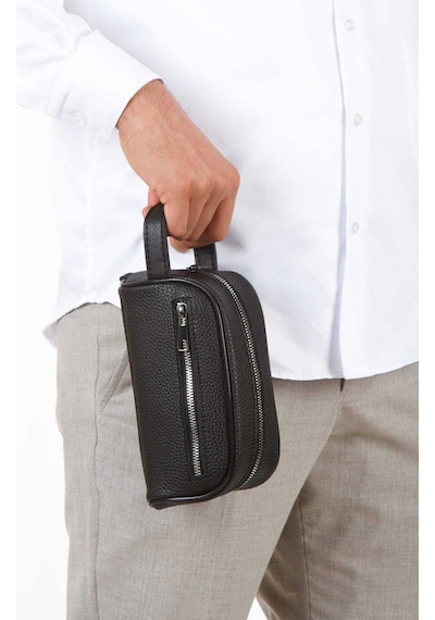 Vıatox Np- 2213 Mini Erkek Vegan Deri Portföy Clutch Traş Kozmetik Bakım Ve Günlük El Çantası Siyah