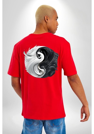 Siyah Beyaz Ying Yang Kırmızı Oversize Unisex Ön Ve Sırt Baskılı Tişört Kırmızı
