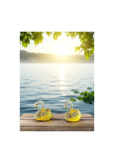 Zarif Taşlı 2'li Kuğu Figürü Dekoratif Hediyelik Biblo 9x5 CM Gold