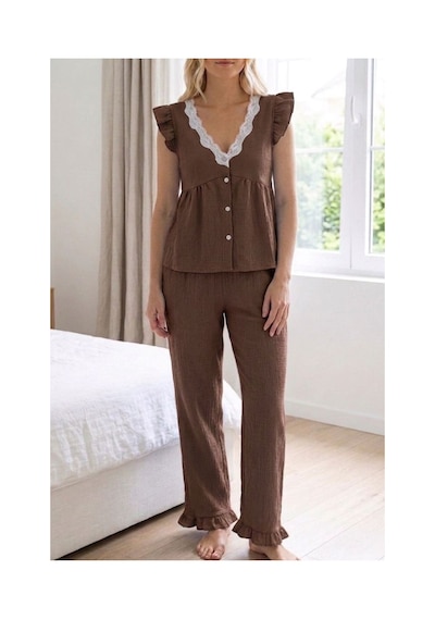 Fit Women Dantel Detaylı Fırfır Kollu V Yaka Pijama Takımı 6023 Kahverengi